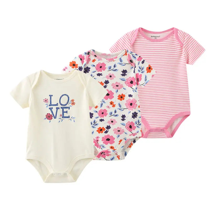Unisex Cotton Newborn Baby Boy Clothes 3Pieces Summer 0-12M Cartoon Baby Girl Clothes Print Bodysuits Short Sleeve Bebes