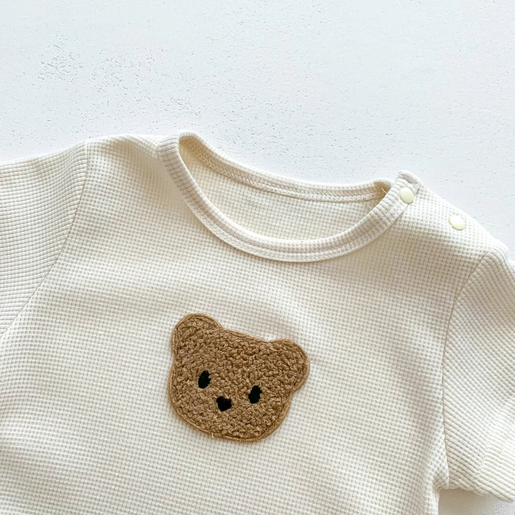 New In Summer Kids Baby Girls Boys Short Sleeve Waffle Patch Bear Infant Newborn Jumpsuits Cotton Romper Gift Hat with Ear