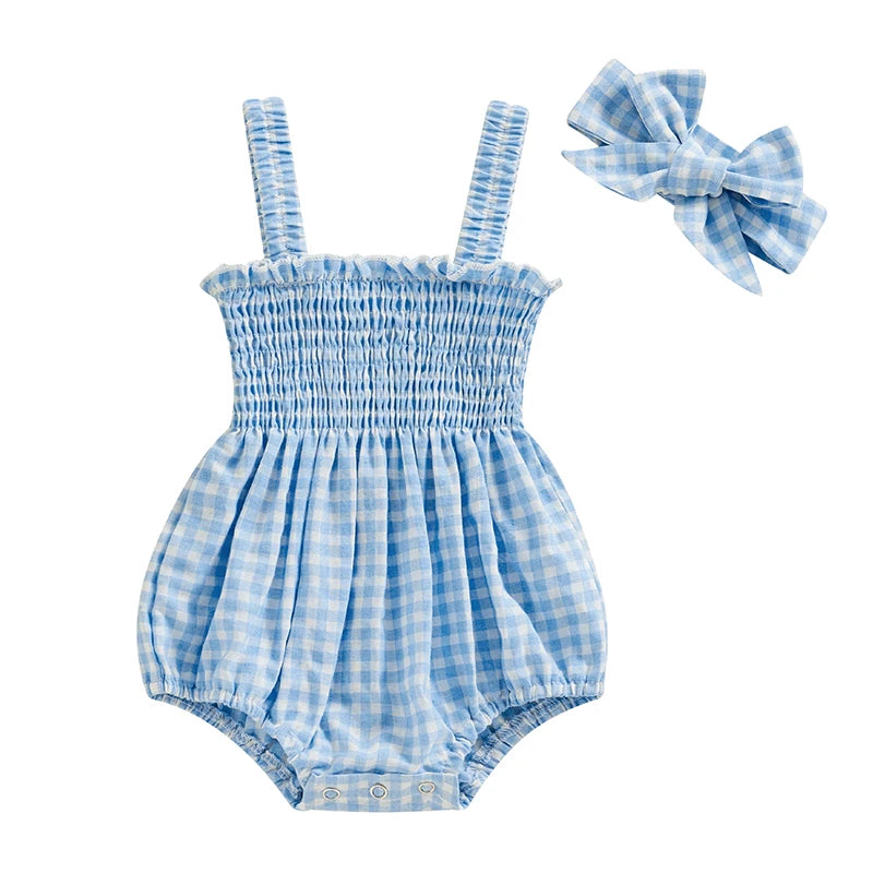 Infant Baby Girl Romper Clothes Ruched Casual Sleeveless Newborn Bodysuit with Headband Summer Jumpsuit Cute Toddler Outfit Suit