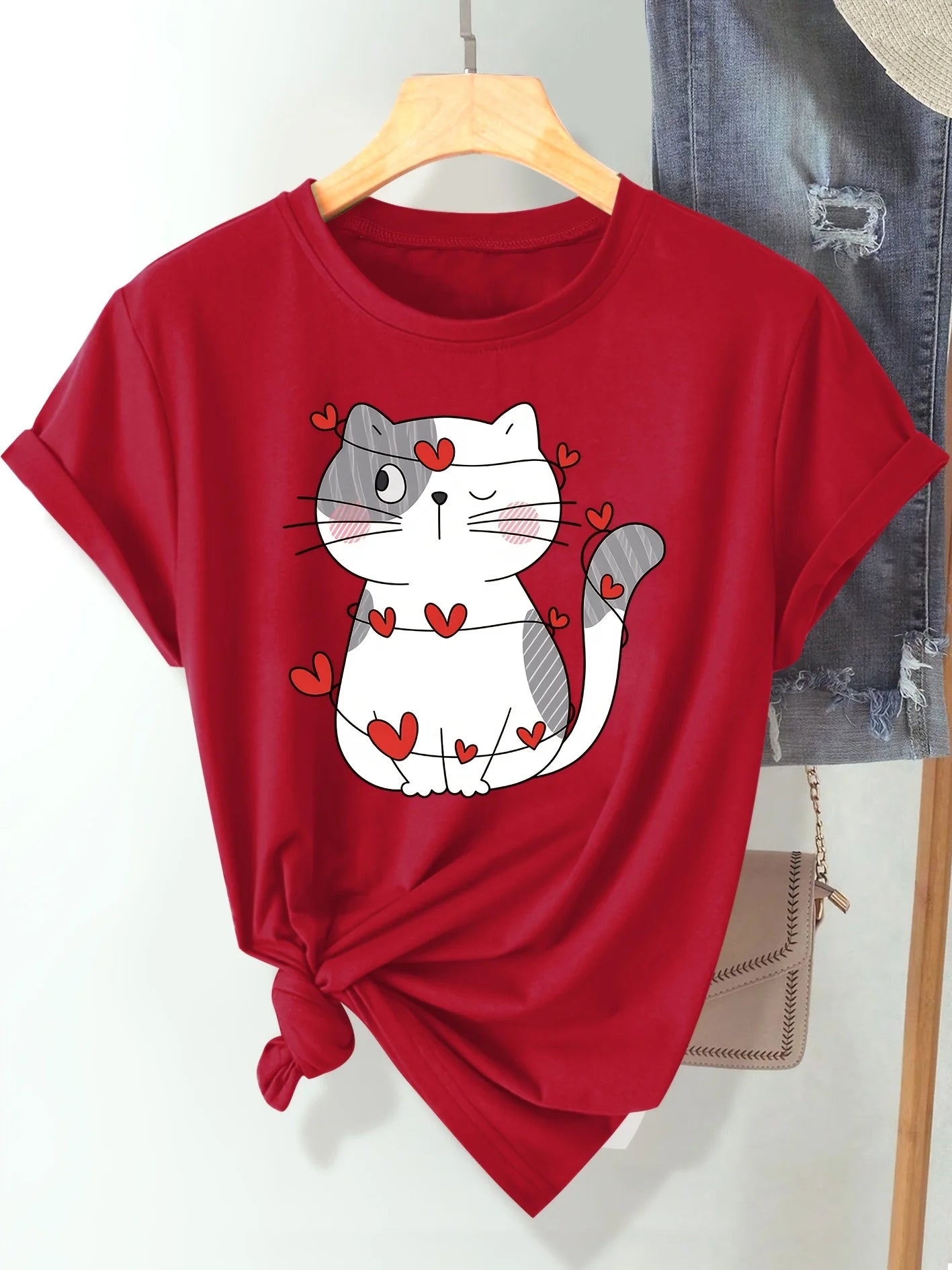 Heart Cat Women's Tee - Cute Graphic, Casual Beige Top