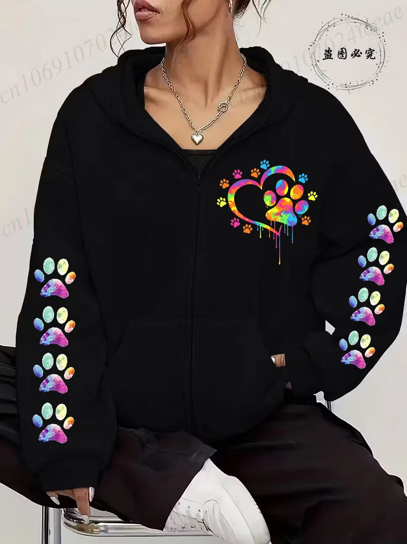 Women Zip Up Hoodies Watercolor Paw Printed Zipper Jackets Coats Autumn Winter Hoody Sweatshirt Fashion Casual Zip Up Hoodie Top