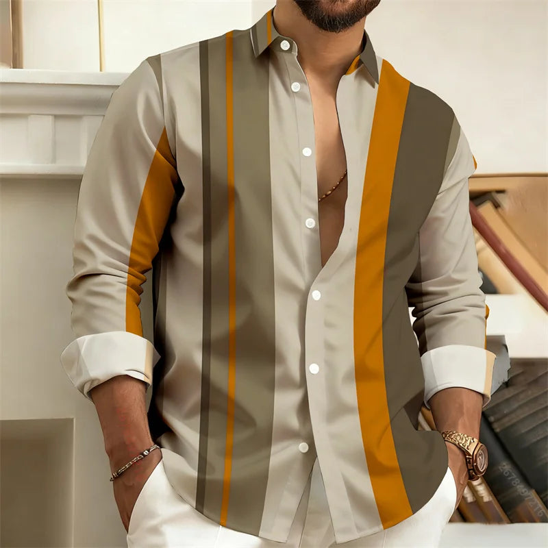 Men's Color-Blocked Striped Long-Sleeve Shirt, Retro Style Business Casual Shirt, Slim Fit Men's Trendy Top, Sizes S-6XL