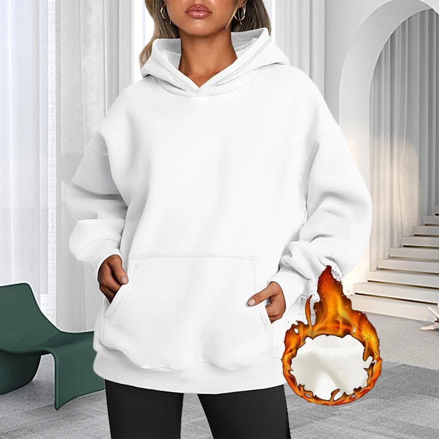Plus Size Solid Color Kangaroo Pocket Casual Long Sleeve Hoodie, Women's Sweatshirt For Fall & Winter