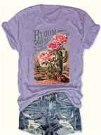 Women's Tee - "Bloom Where You Are Planted" Rose & Cactus Graphic, Western-Inspired Casual Design for Daily Outings