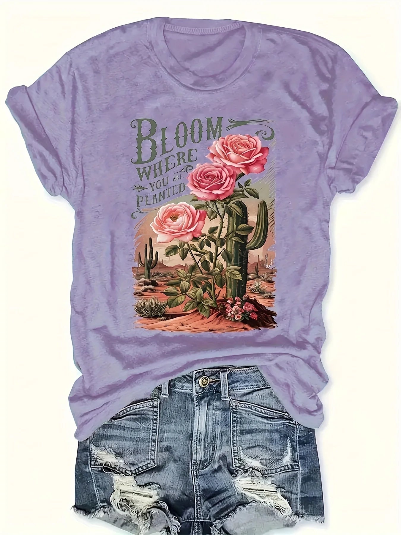 Women's Tee - "Bloom Where You Are Planted" Rose & Cactus Graphic, Western-Inspired Casual Design for Daily Outings