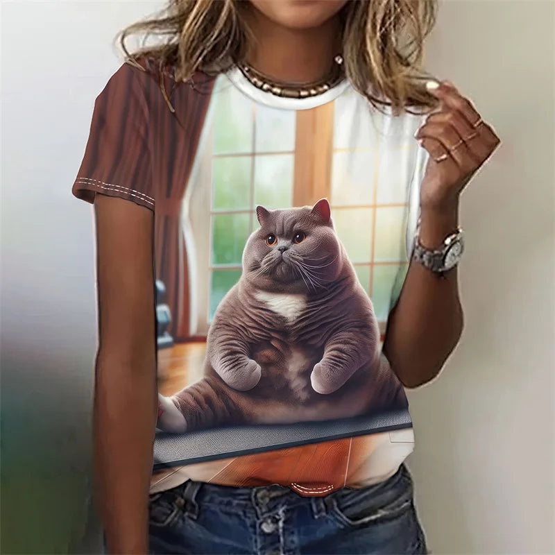 3D Printed Artistic Cat T-Shirt For Women Funny Animal Pet Pattern Tees Summer Casual Short Sleeves Loose T Shirts O-Neck Tops