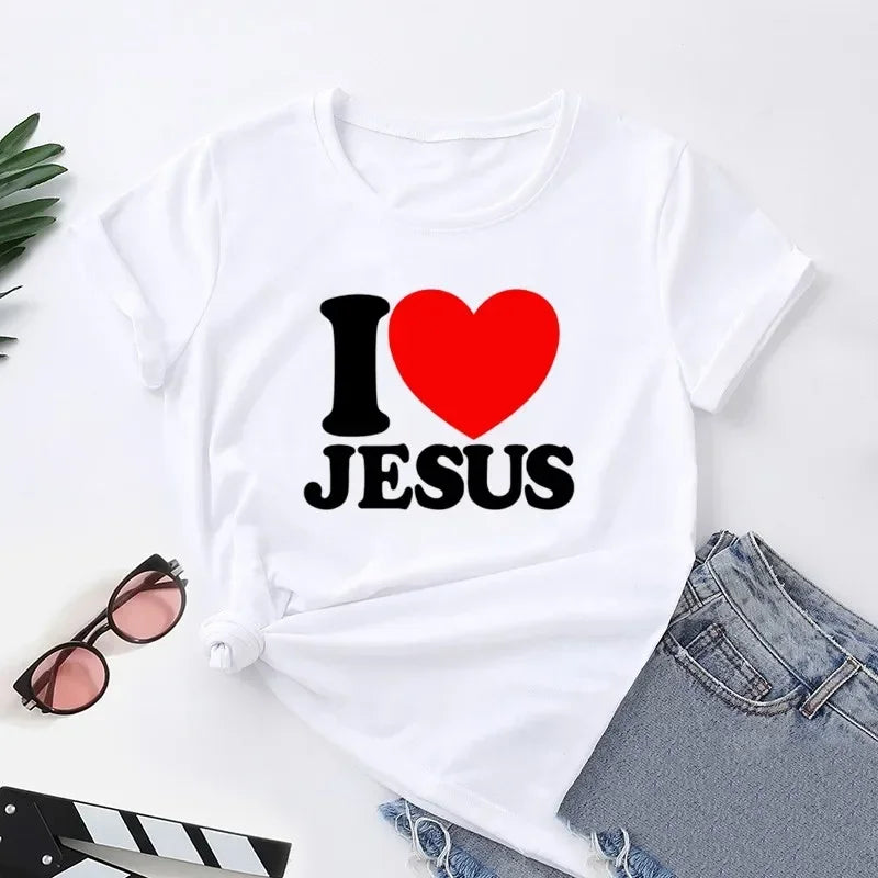 I Love Jesus Women T Shirts Round Neck Christian Faith Church Bible T-Shirt Short Sleeve T Shirt Streetwear Tops graphic t shirt