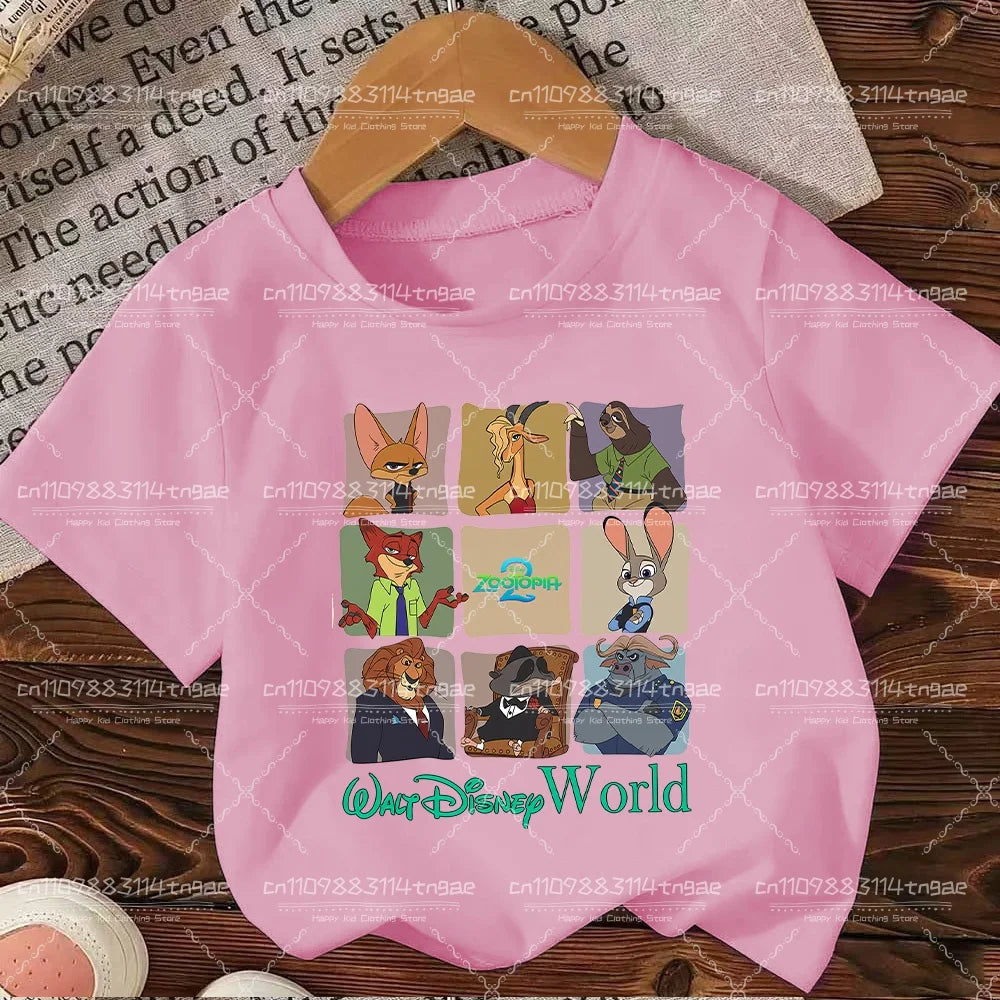 2026 Summer Children Girl Boy Cotton Clothes  Zootopia Cartoon Prints T-shirts Fashion Kid Baby Short Sleeve Crew Neck Top