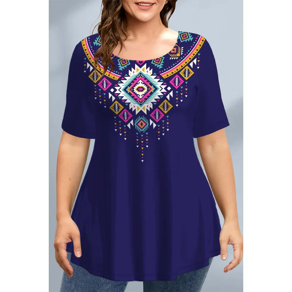 Large Size Loose Fit Women's T-shirt Summer New Short Sleeve Crewneck Tshirt Flower 3d Print Top Plus Size Ladies Clothing