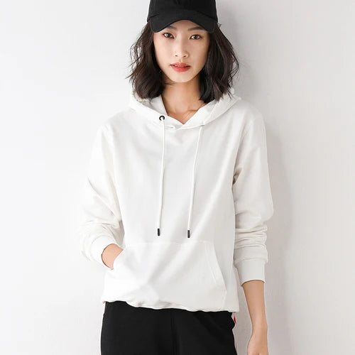 Women Hoodies 100% Cotton Spring Autumn Loose Long Sleeve Pullovers Solid Casual Ladies Outerwear Hooded Hoodie Womens Clothing