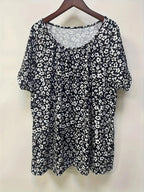 Plus Size Floral print pleated t-shirt, casual short-sleeved T-shirt spring and summer