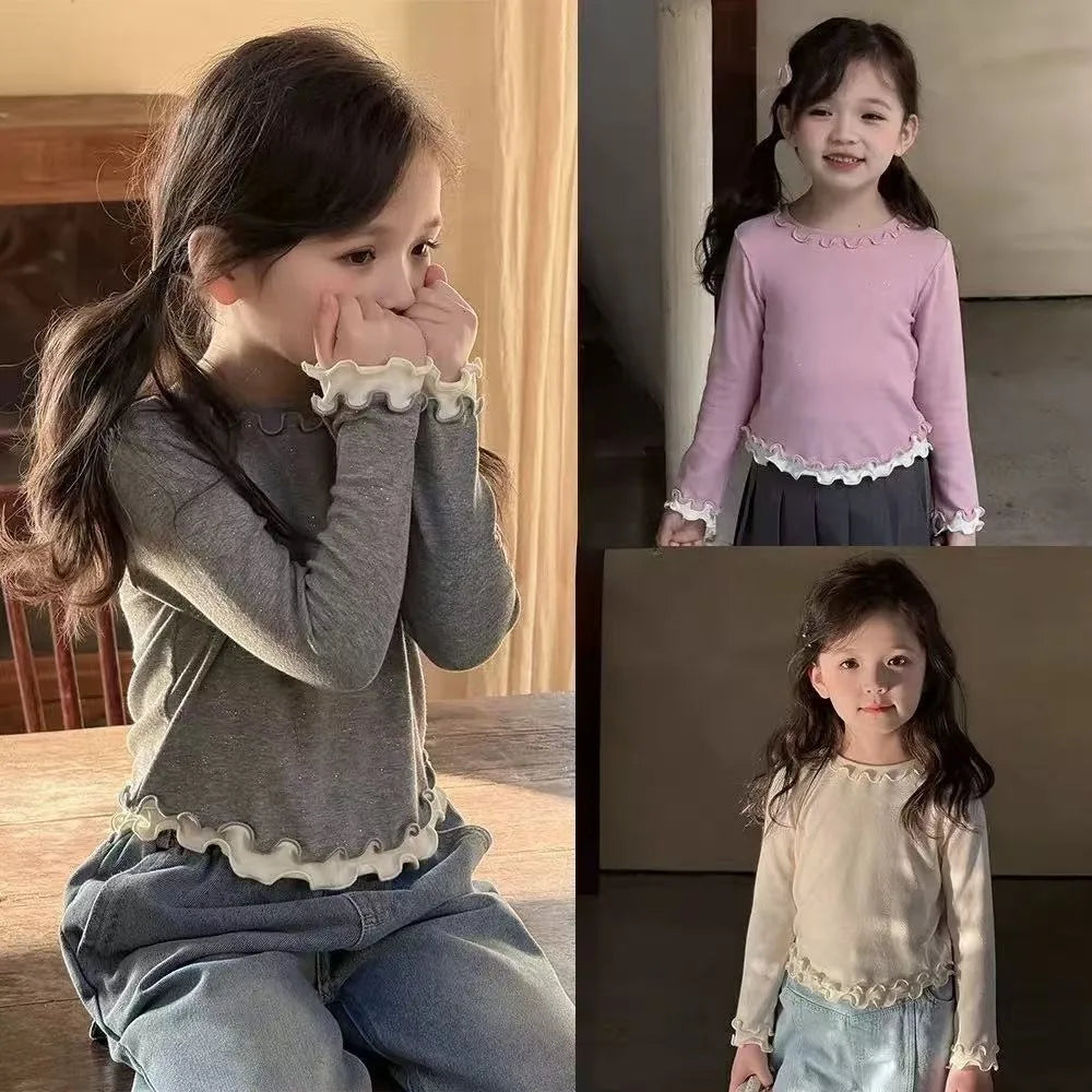 Bear Leader Spring and Autumn New Girls' Bottom Shirt Korean Edition Fashion Lace Splicing Fake Two Piece Long Sleeve T-shirt