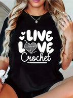 Women's Patterned T-Shirt LIVE LOVE Crochet Print with Heart Design Casual Short-Sleeve Top Crew Neck Everyday Wear