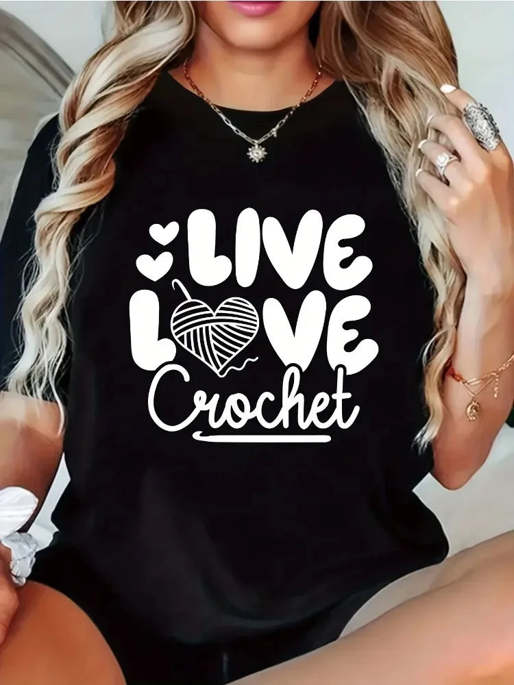 Women's Patterned T-Shirt LIVE LOVE Crochet Print with Heart Design Casual Short-Sleeve Top Crew Neck Everyday Wear