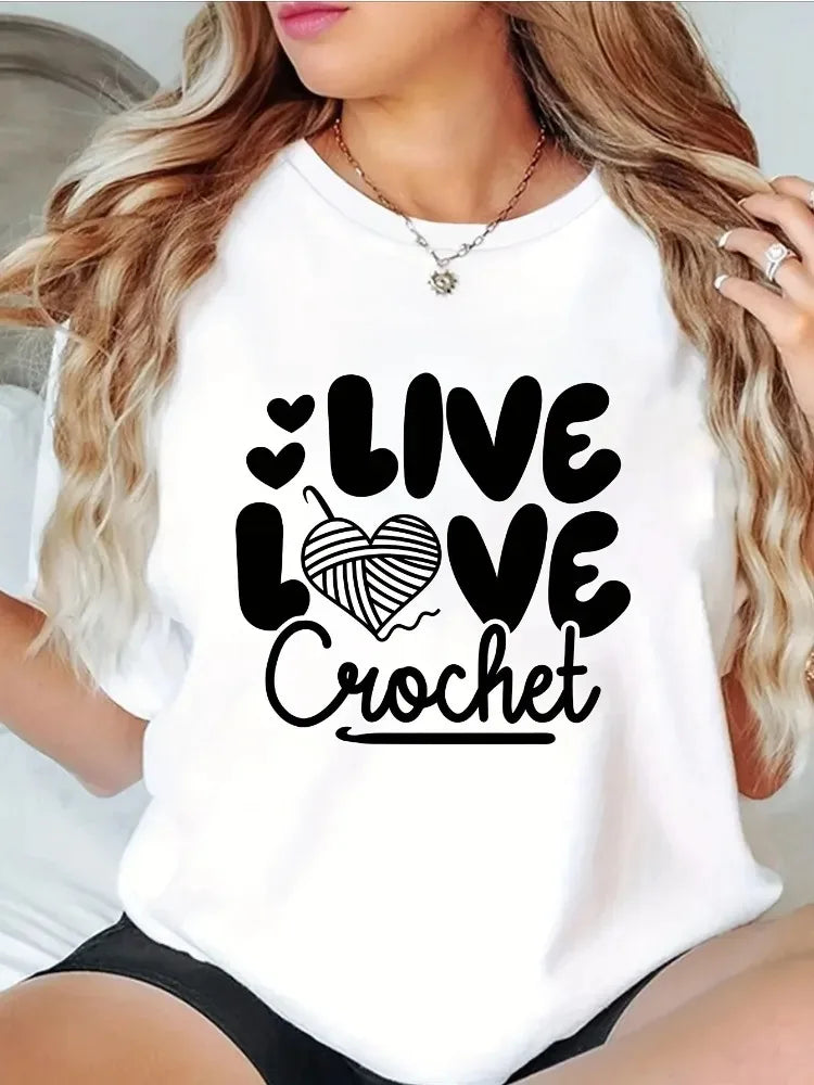 Women's Patterned T-Shirt LIVE LOVE Crochet Print with Heart Design Casual Short-Sleeve Top Crew Neck Everyday Wear