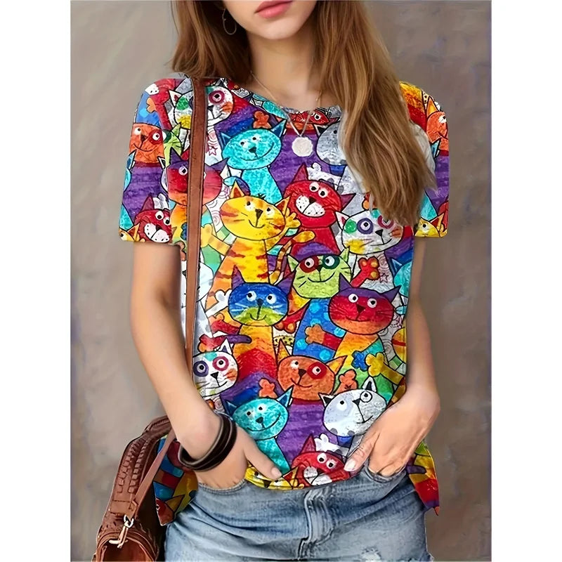 Cartoon Cat Graphic T-Shirt For Women Animal 3D Printed T Shirts Summer Fashion Casual Loose Tees Round Neck Tops Short Sleeves