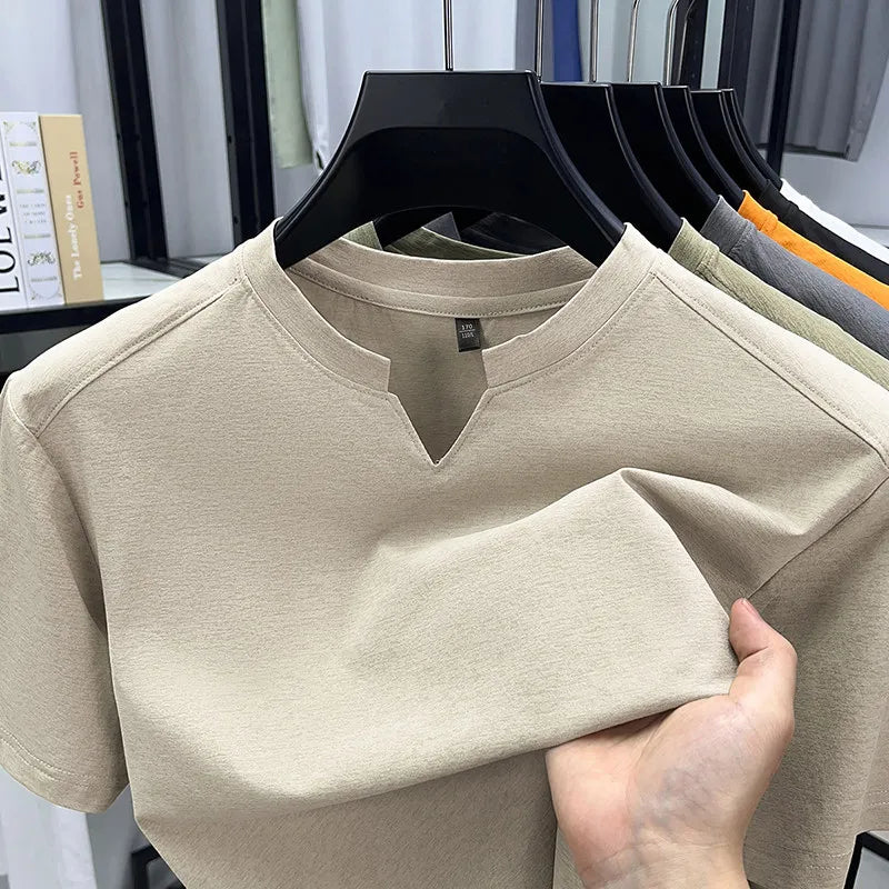 Korean Men's Casual and Fashionable Small V-neck Solid Color Short Sleeved T-shirt Comfortable Summer Versatile Top