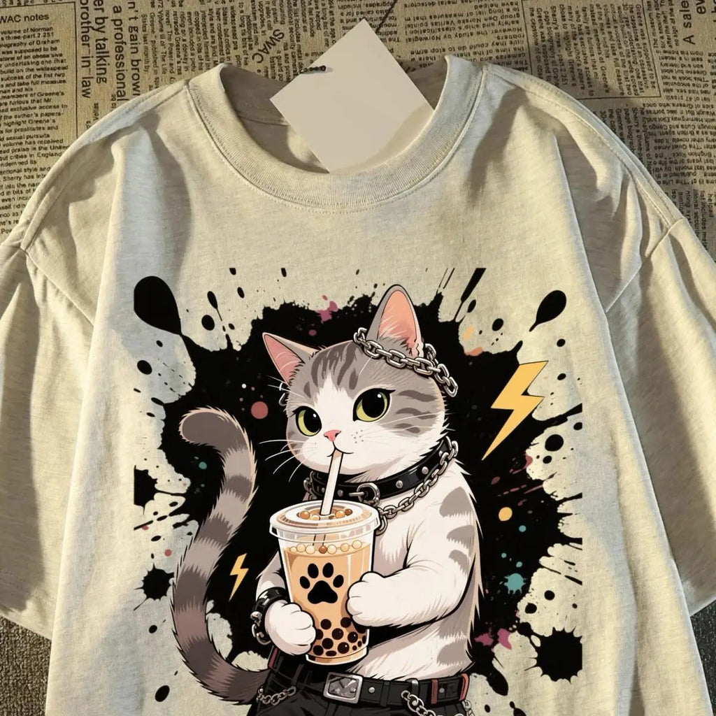 T-shirtand Womens Summer New Drag Cool Kitten Print T-shirt American Student Short-sleeved Top Trendy