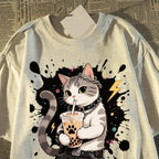 T-shirtand Womens Summer New Drag Cool Kitten Print T-shirt American Student Short-sleeved Top Trendy
