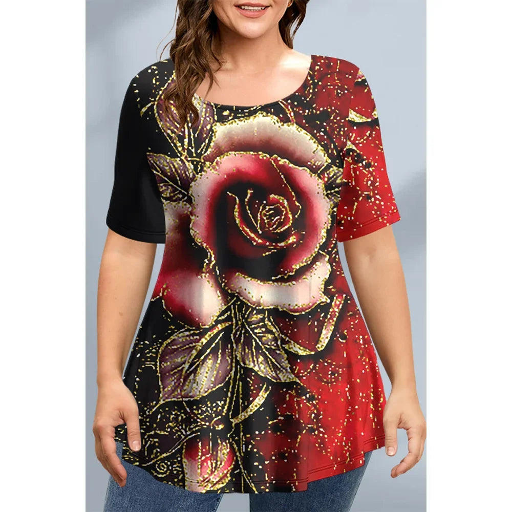 Large Size Loose Fit Women's T-shirt Summer New Short Sleeve Crewneck Tshirt Flower 3d Print Top Plus Size Ladies Clothing