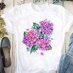 Beautiful Flower Print Women T-Shirts Casual Breathable Soft Short Sleeve Tops Loose Comfortable Street Female Clothes Pink T Sh