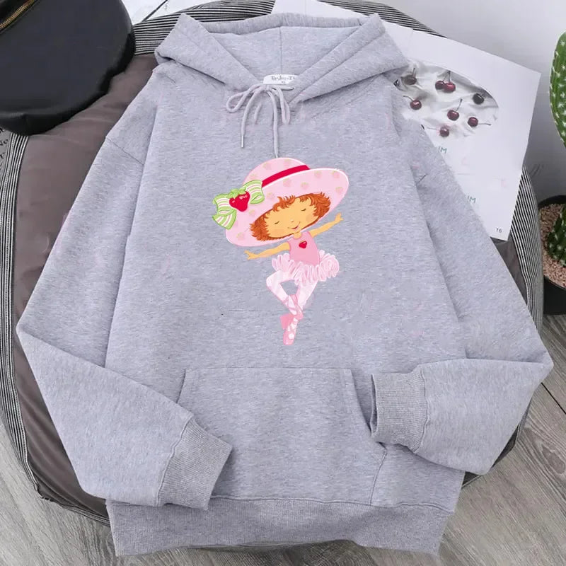 Cartoon Strawberry Women Hoodies Strawberry shortcake Hoodies Tops Long Sleeve Pockets Fashion Hooded Sweatshirts