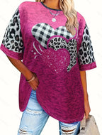 Plus size women's love printed round neck pullover T-shirt women's tops fashionable and versatile knitted tops