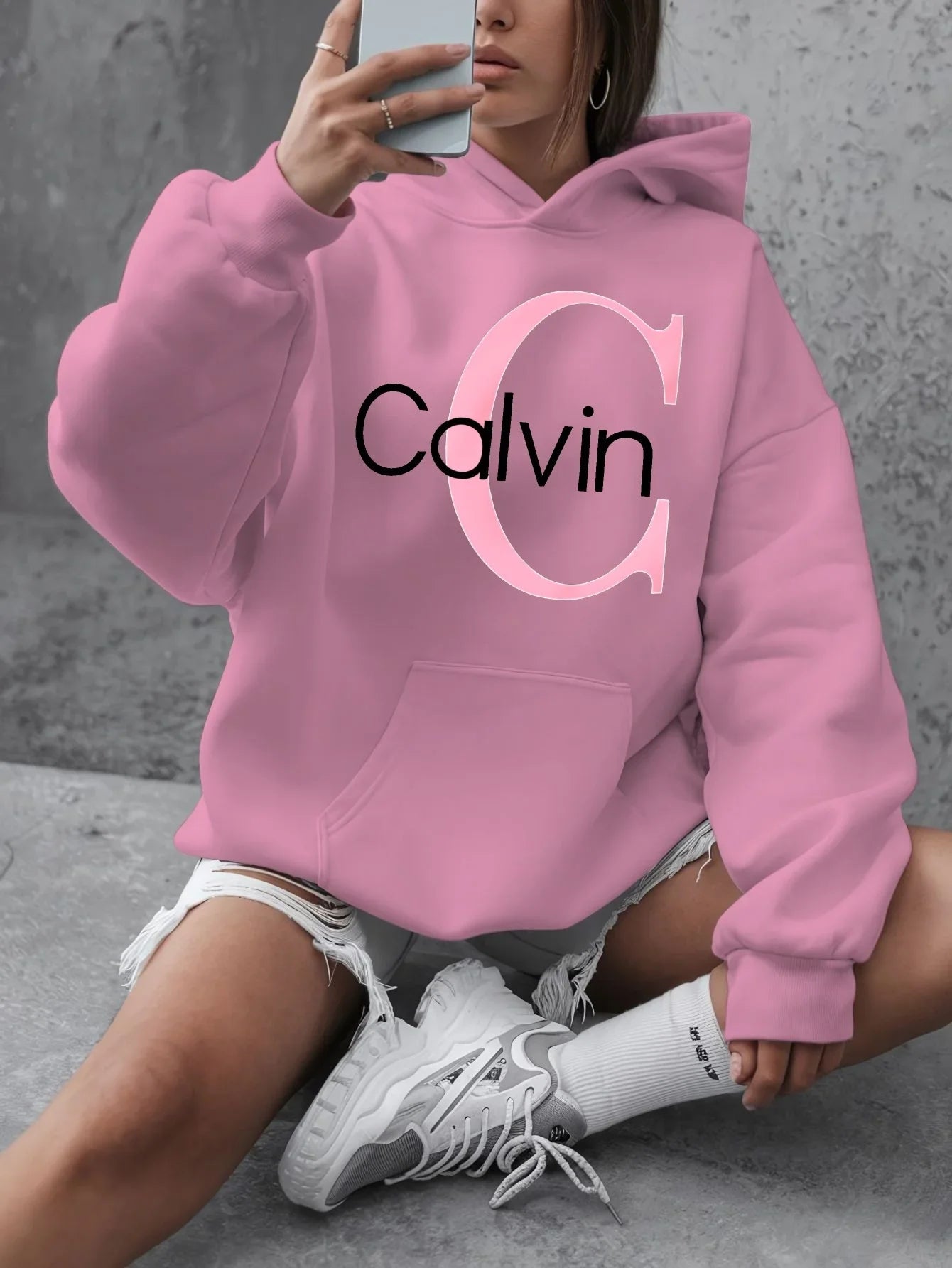 Street Style Calvin Hoodie Women's Plus Size _Calvin_ Pattern Hoodie - Casual Long Sleeved Pullover with Pocket hoodies women