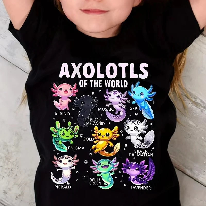 Colorful Cartoon Axolotls Graphic 3D Print T-Shirt Summer Casual Comfy Girls Clothes 2-10Y Short Sleeve T-Shirt for Children Top