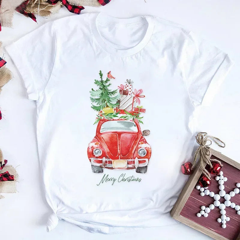Women Tshirts Merry Christmas Tree Print Red Top Femal New Clothing Short Sleeve 90s Girls Lucky Deer T-shirts Aesthetic Clothes