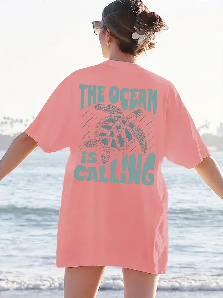 2024 New Cute Turtle Letter Printed T-shirt Summer Short Sleeved Round Neck Casual Top Pure Cotton Women's Fashion Clothing