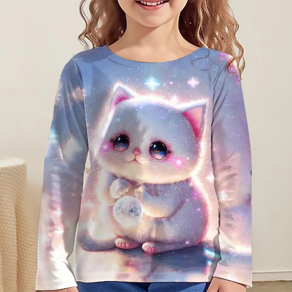 Children's Clothing Girl T-Shirts Top Long Sleeve Children T-Shirt Cute Cat Print Casual Kids Summer Autumn Clothes Girl Clothes
