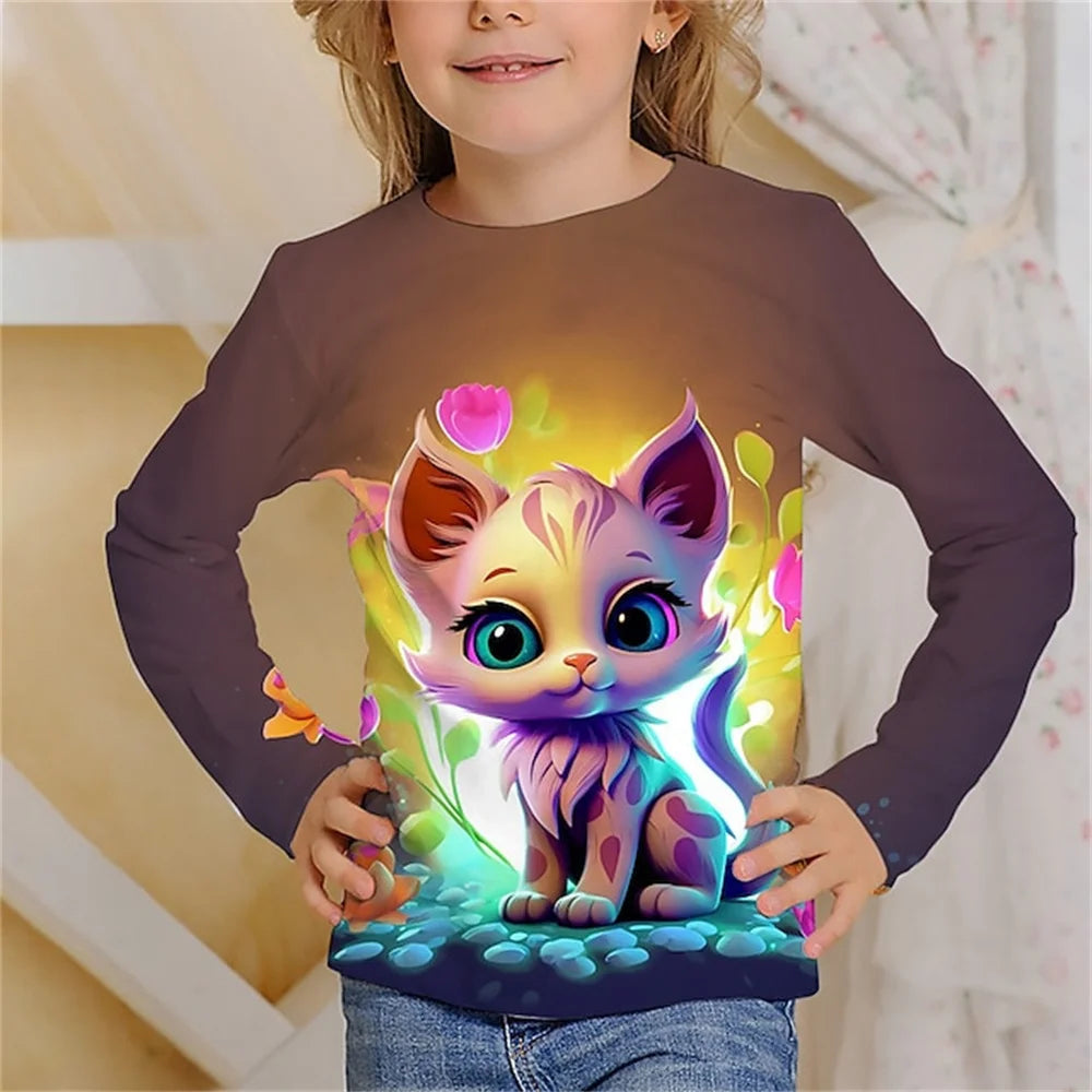 Girls Clothes for Kid Long Sleeve T-Shirt Children from 9 to 12 Years Cute Cartoon Cat Animal Printed Polyester Autumn Tee Shirt