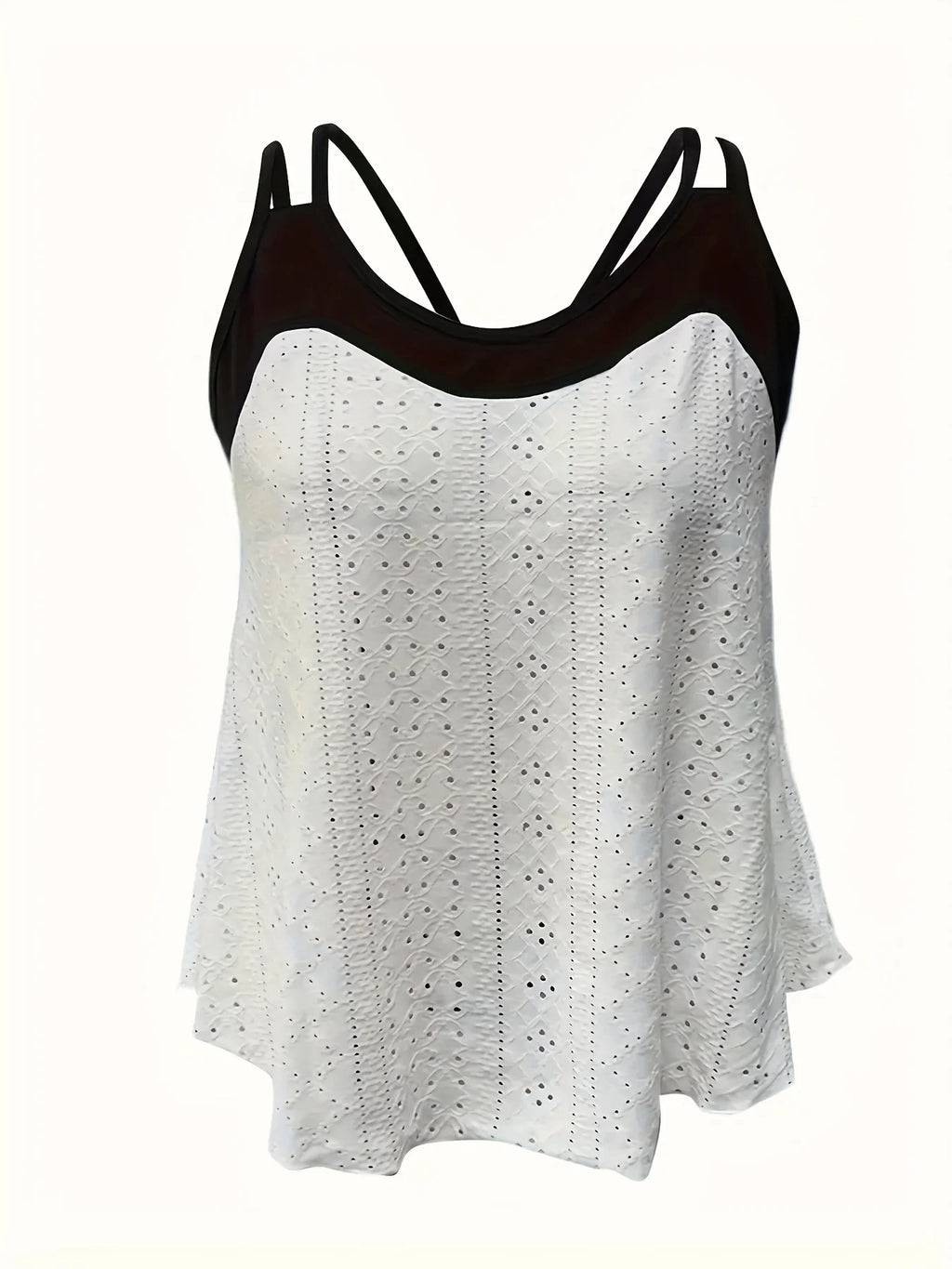 Plus Size Black & White Color Block Eyelet Embroidery Spaghetti Strap Top