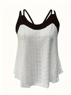 Plus Size Black & White Color Block Eyelet Embroidery Spaghetti Strap Top