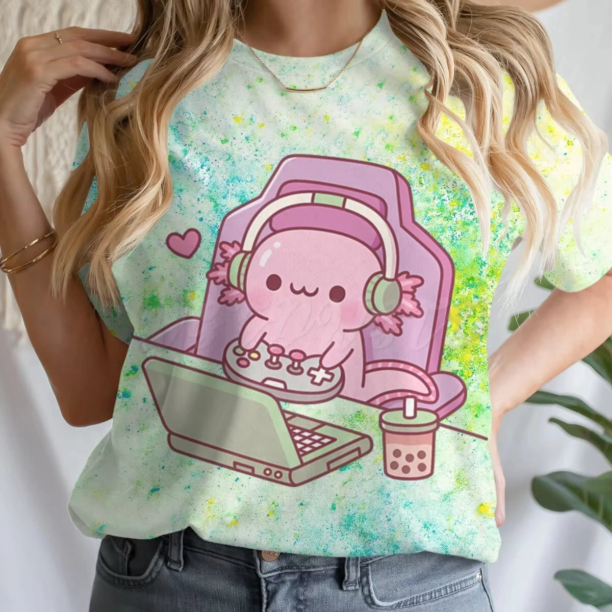 Girls' Summer Clothes Cute Axolotl Playing Games Graphic T-Shirt 3D Print Tie Dye Children's Clothing for Girl Short Sleeve Tee