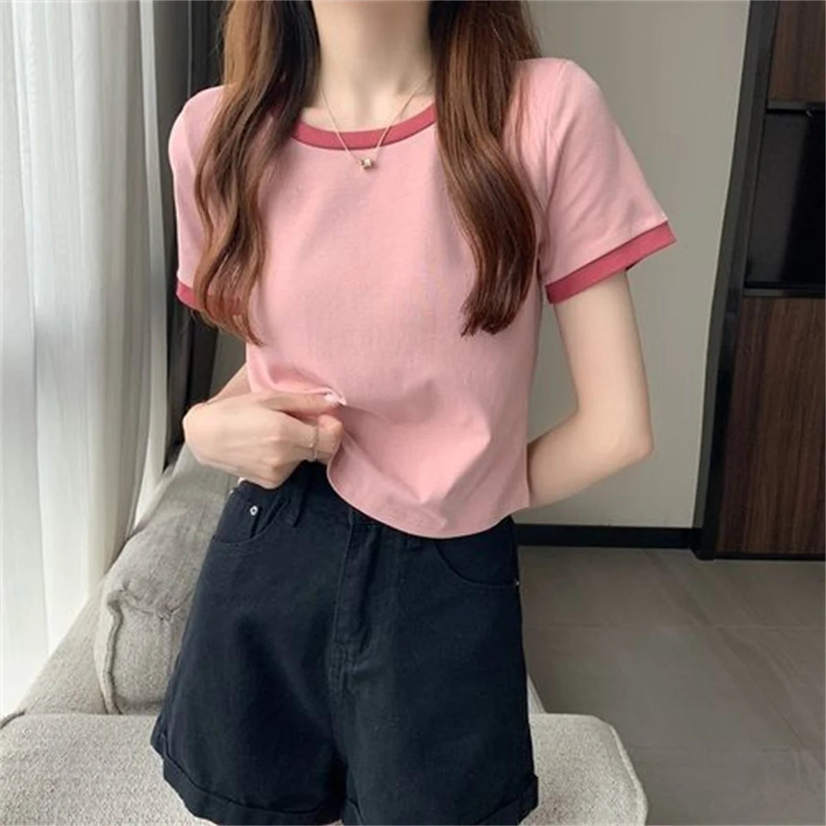 Fashion Patchwork T-shirts Women Basic Tee Casual Oversized Tops Quality Unisex Short Tshirts Tees Girl Summer Clothing Tops