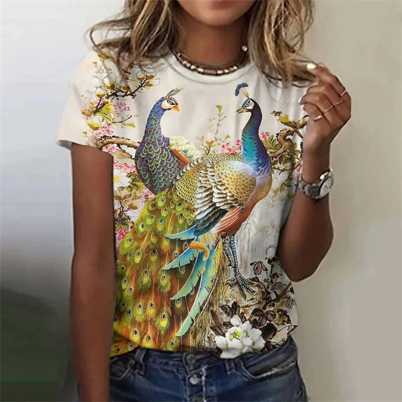 Fashion Women's T-shirt With Cute Peacock Graphic 3D Printed Short Sleeve Summer T-shirts Oversized Loose Women's Clothing