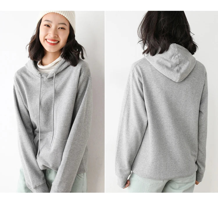 Women Hoodies 100% Cotton Spring Autumn Loose Long Sleeve Pullovers Solid Casual Ladies Outerwear Hooded Hoodie Womens Clothing