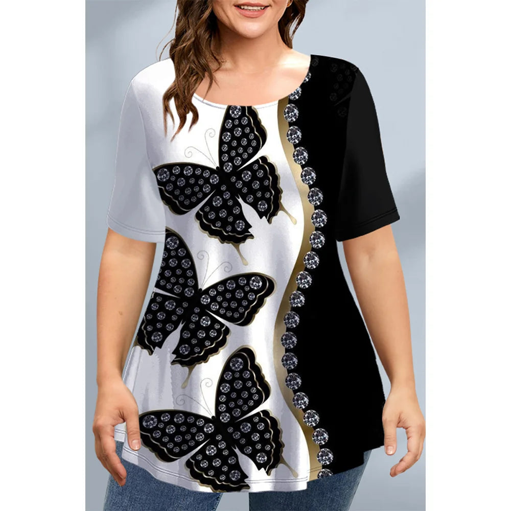 Large Size Loose Fit Women's T-shirt Summer New Short Sleeve Crewneck Tshirt Flower 3d Print Top Plus Size Ladies Clothing