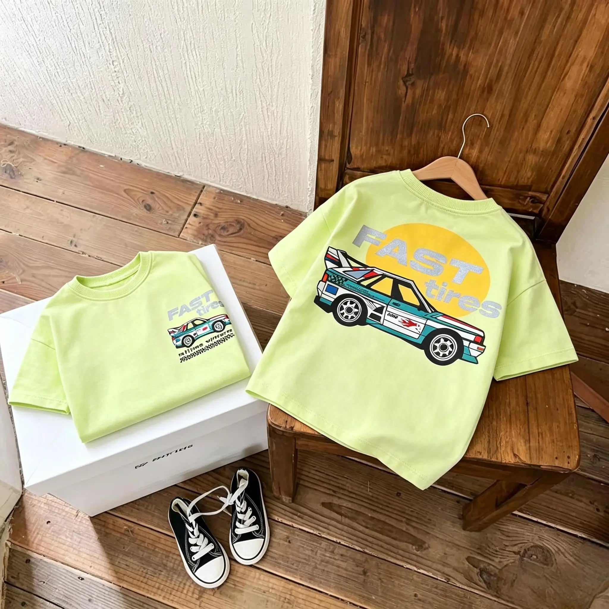 Toddler Fast Tires Race Car Print Double Sided T Shirt Boys Girls Cotton Short Sleeve Tee Trendy Racing Graphic Casual Kids Tops