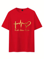 Men's Summer 100% Cotton Fashionable Casual Loose Large Size FAITH HOPE LOVE Printed Sports Round Neck Short Sleeve T-shirt Top