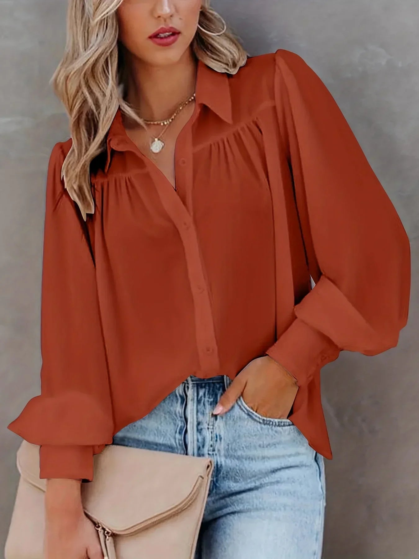 Women Fashion Plus Size 1XL-5XL Basic Blouse Ladoes Solid Button Up Lantern Sleeve Turn Down Collar Blouse Shirt