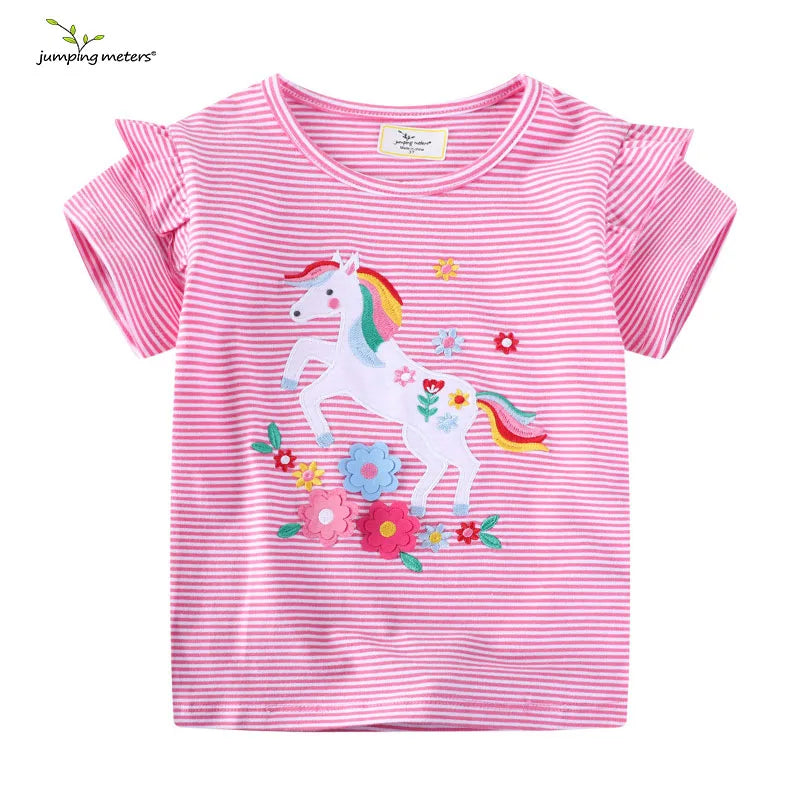 Jumping Meters 2-7T Striped Unicorn Cotton Girls T Shirts Summer Children's Clothes Short Sleeve Kids Tees Tops Baby Costume
