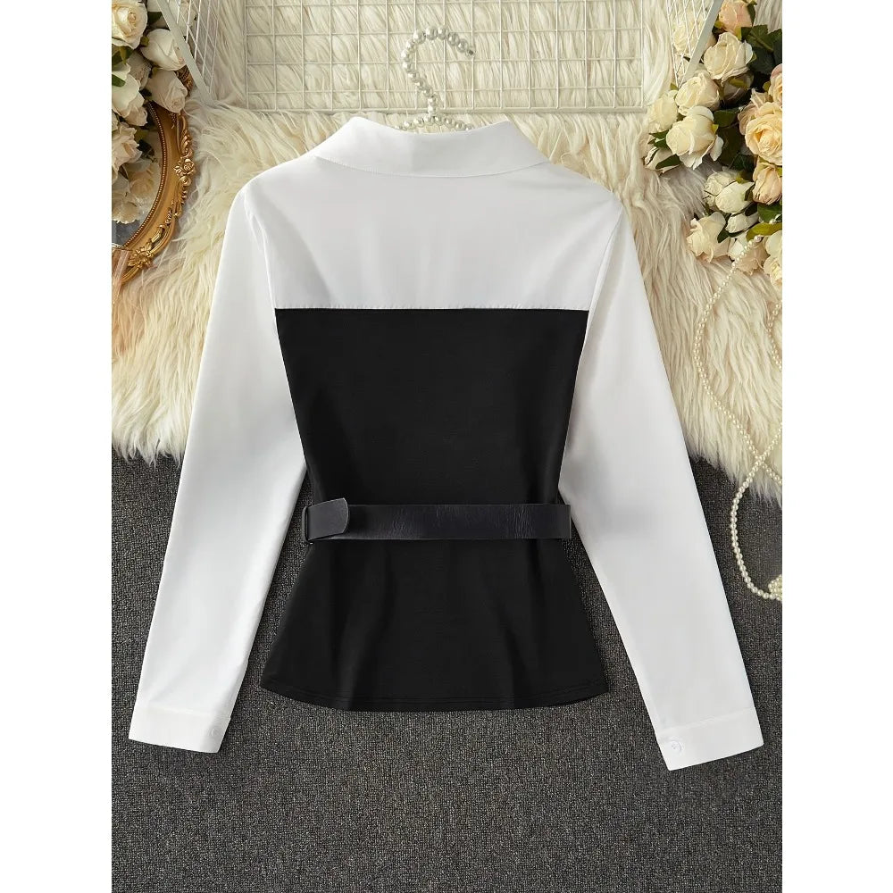 2025 women Plus Size Color Block Layered Shirt: Two-Tone Blouse Design & Belt-Free Comfort for Modern Professional Style（No bel）