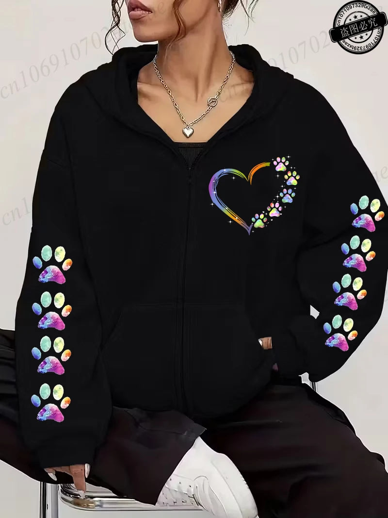 Women Zip Up Hoodies Watercolor Paw Printed Zipper Jackets Coats Autumn Winter Hoody Sweatshirt Fashion Casual Zip Up Hoodie Top