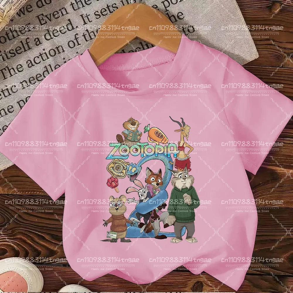 2026 Summer Children Girl Boy Cotton Clothes  Zootopia Cartoon Prints T-shirts Fashion Kid Baby Short Sleeve Crew Neck Top