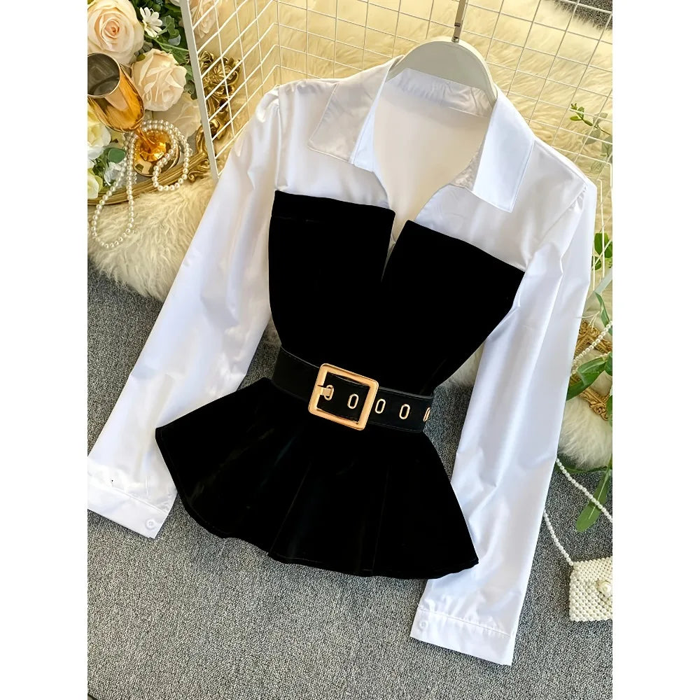 2025 women Plus Size Color Block Layered Shirt: Two-Tone Blouse Design & Belt-Free Comfort for Modern Professional Style（No bel）