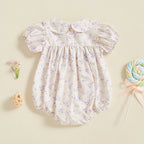 0-18M Infant Baby Girls Bowknot Embroidered Rompers Lovely Floral Print Doll Collar Short Sleeve Bubble Jumpsuits for Newborn
