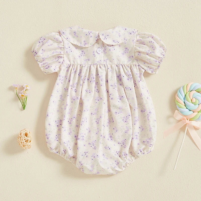 0-18M Infant Baby Girls Bowknot Embroidered Rompers Lovely Floral Print Doll Collar Short Sleeve Bubble Jumpsuits for Newborn